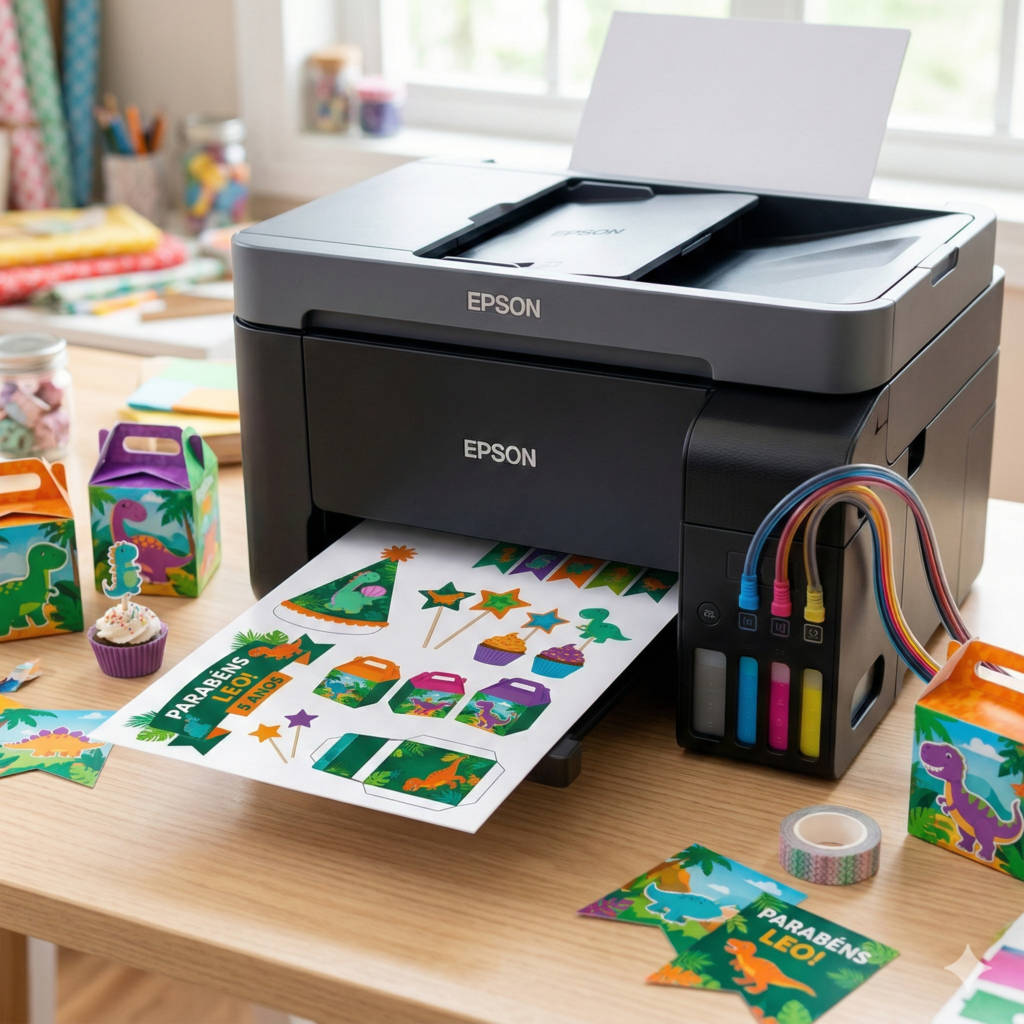 Impressoras profissionais Epson EcoTank e Canon para papelaria personalizada com alta fidelidade de cores.
