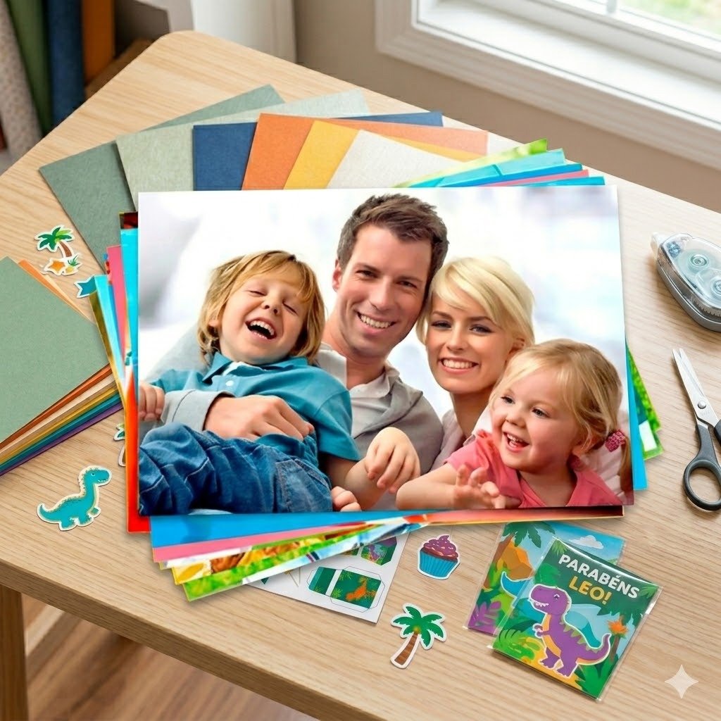 Papel fotográfico premium e papéis adesivos de alta gramatura para lembrancinhas personalizadas.